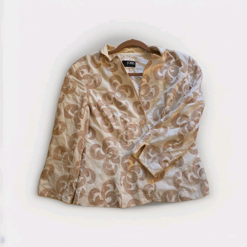 JOBIS Blazer Womens Tan Embroidered Medium 100% Cotton 3D Texture Office Euro